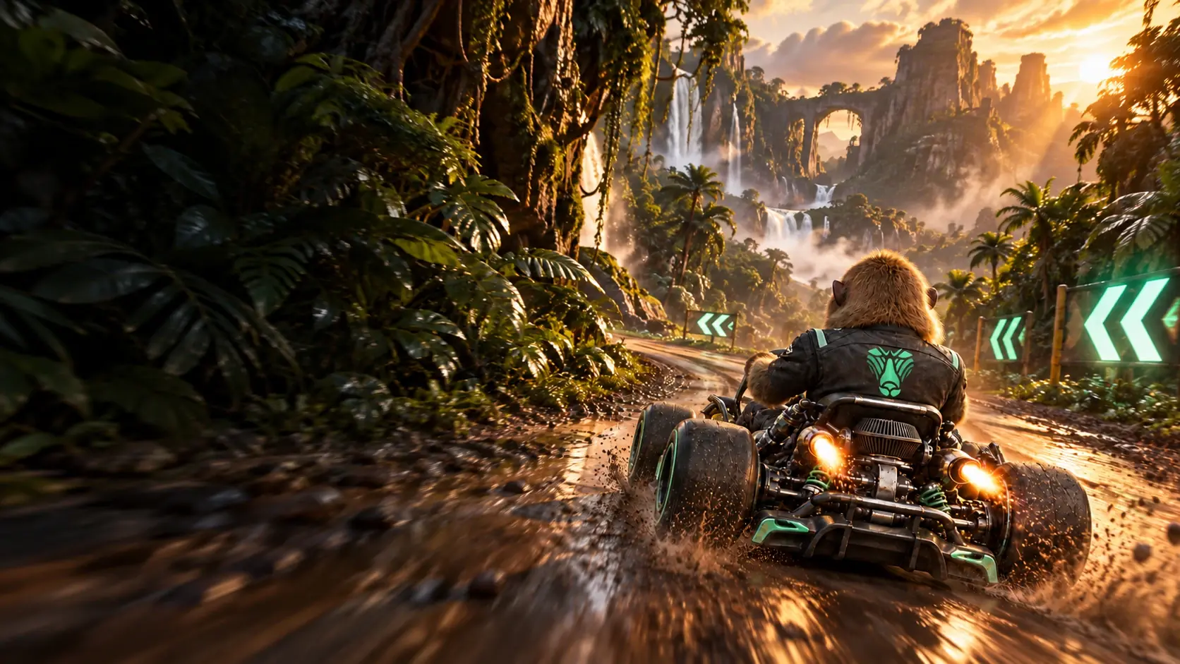 Een realistische bruine baviaan in een grafiet met mintgroene kart racet door een zonovergoten tropische berg-jungle